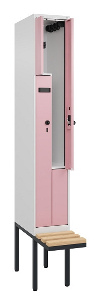 C+P Z-Spind Evolo PLUS, Bank, 2 Fächer, 2120x300x815mm, 9016/3015, Drehriegel, Sitzfläche Holz, 0490437-102 S10016