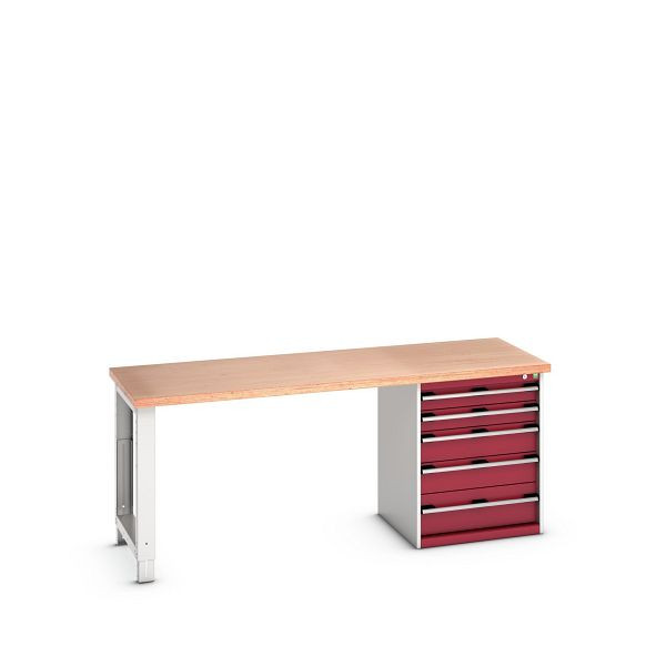 bott cubio Werkbank mit Schubladenschrank 5 Schubladen, Fuß, Multiplex-Platte, BxTxH: 2000x750x840mm, Multiplex RAL 7035/3004, 41003323.24V