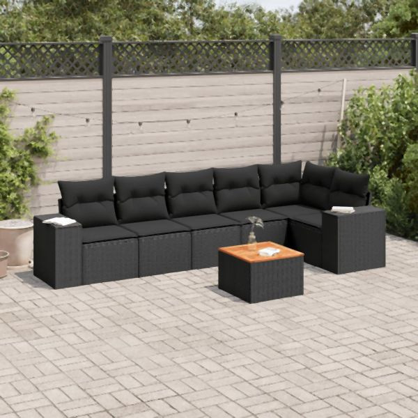 vidaXL 7-tlg. Garten-Sofagarnitur mit Kissen Schwarz Poly Rattan, 3257784