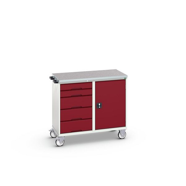 bott verso Montagewagen, mit 5 Schubladen, Tür und Linoleum-Top, BxTxH: 1050 x 600 x 980 mm, Lichtgrau / Purpurrot, 16927120.24