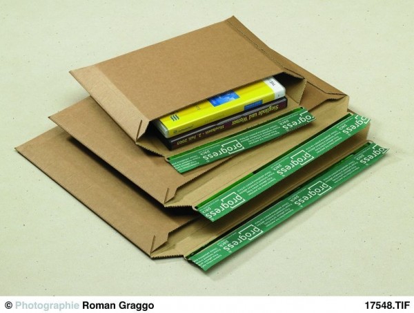 Progress Packaging PP_W05.07 MAILER Versandtasche Querbefüllung aus Wellpappe braun mit SK-Verschluß und Aufreißfaden, VE: 100 Stück, 400/285, 000090