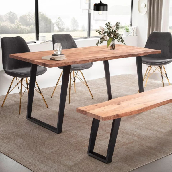 Wohnling Esszimmertisch 200x100x76 cm Akazie Massivholz/Metall Esstisch Baumkante, Küchentisch mit U-Beinen in Schwarz, Holztisch Rechteckig, WL7.260