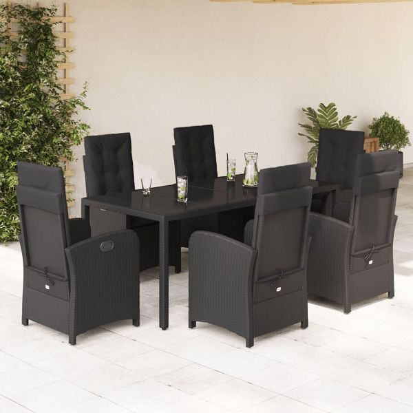 vidaXL 7-teilig Garten-Essgruppe mit Kissen Schwarz Poly Rattan, 3212209