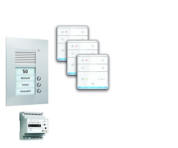 TCS Türkontrollsystem audio:pack UP für 3 Wohneinheiten, mit Außenstation PUK 3 Klingeltasten, 3x Freisprecher ISW5010, Steuergerät BVS20, PPUF03-EN/01