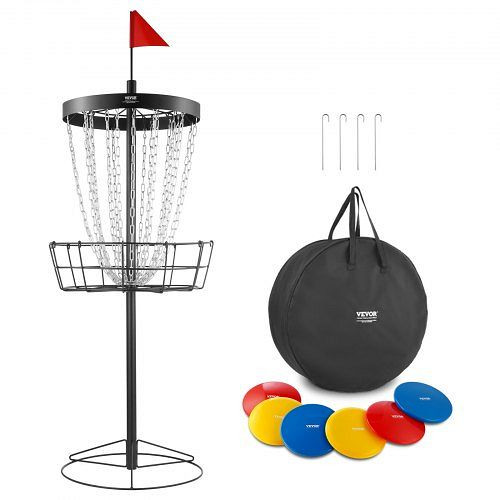 VEVOR Discgolf-Korb, Tragbares Disc Golf Scheiben Set, mit 24 Ketten, Übungsständer aus Stahl, Satz inkl. 6 Stück Wurfscheibe, Schwarz, YDLSYPGEFQLYVM2LFV0
