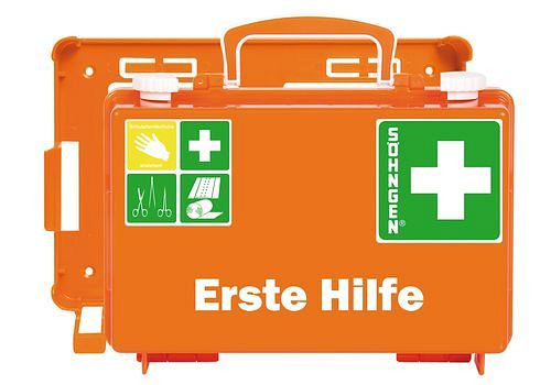 DENIOS Erste-Hilfe-Koffer mit Füllung nach DIN 13157, mit Wandhalterung, orange, 116-591