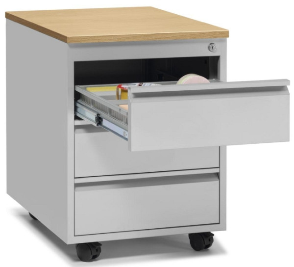 Deskin Rollcontainer BASE L, Schienenführung, Verschluss, Radfeststeller, B 460 x H 620 x T 600 mm, Stahlkorpus Lichtgrau, Dekor Buche, 274129