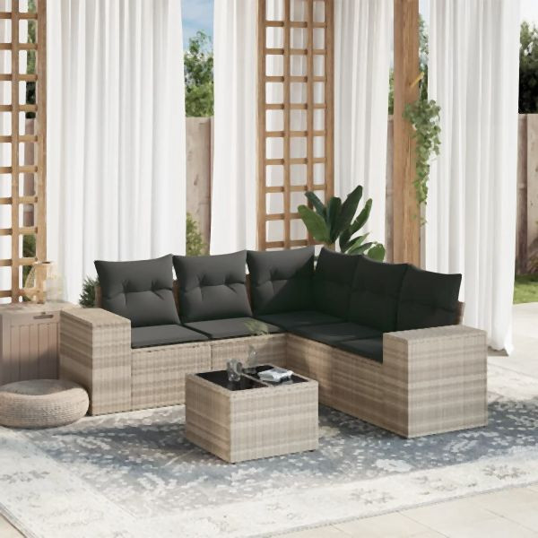 vidaXL 6-tlg. Garten-Sofagarnitur mit Kissen Hellgrau Poly Rattan, 3254899