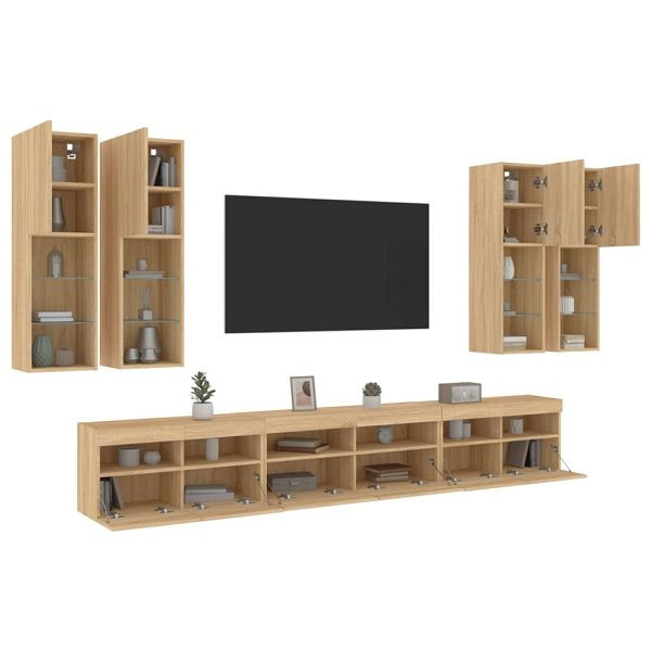 vidaXL 7-teilig TV-Wohnwand mit LED-Leuchten Sonoma-Eiche, 3216780