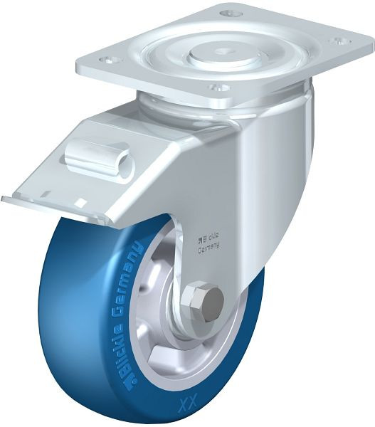 Blickle LH-ALBS 150K-FI Stahlblech-Lenkrolle, Schwerlast-Ausführung, mit Anschraubplatte & Feststeller, Blickle Besthane® Soft, Blau, 754574