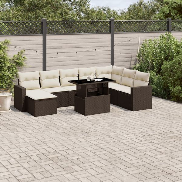 vidaXL 9-teilig Garten-Sofagarnitur mit Kissen Braun Poly Rattan, 3267473
