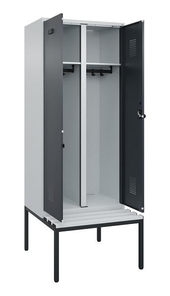 C+P Schwarz-Weiß-Spind Evolo PLUS, Bank, 2 Abteile, 2120x800x815mm, 7035/7016, Drehriegel, Sitzfläche Kunststoff, Sitzbank, 0490527-22 S10066