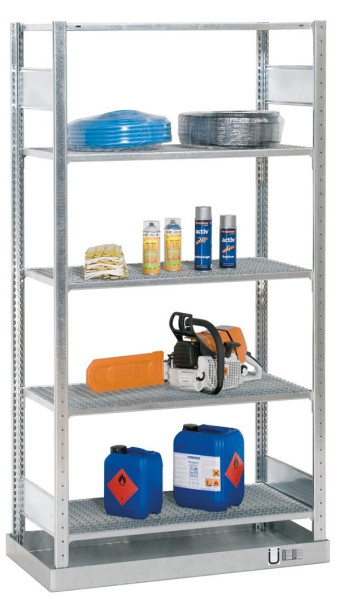 Schulte Grundregal, Kleingebinderegal, 2000 x 1000 x 500 mm, verzinkt, mit Auffangwanne (Volumen: 36 Liter) und 4 Gitterrostböden, 14946