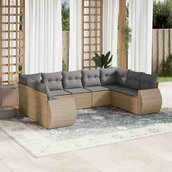 vidaXL 9-tlg. Garten-Sofagarnitur mit Kissen Beige Poly Rattan, UV-beständig, 3221798