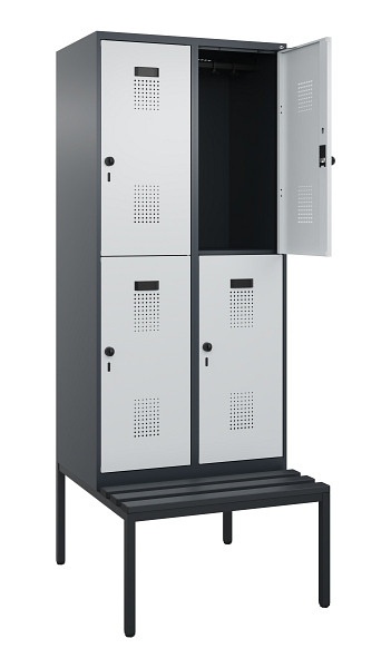C+P Doppelstock-Spind Evolo PLUS, Bank, 4 Fächer, 2120x800x815mm, 7016/7035, Drehriegel, Sitzfläche Kunststoff, Sitzbank, 0493507-22 S10098