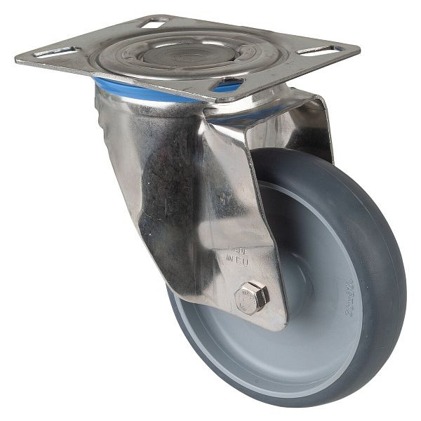 BS Rollen Edelstahl Transportrolle, Breite 35 mm, Ø125 mm, bis 125 kg, Reifen thermoplastisch grau, Radkörper Kunststoff, Gleitlager, Platte, H100.B43.126