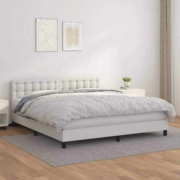 vidaXL Boxspringbett mit Matratze Weiß 160x200 cm Kunstleder, 3141132