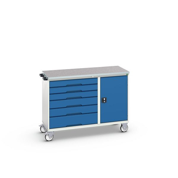 bott verso Montagewagen, mit 6 Schubladen, Tür und Linoleum-Top, BxTxH: 1300 x 600 x 980 mm, Lichtgrau / Enzianblau, 16927153.11