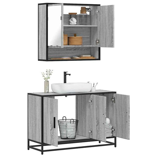 vidaXL 2-tlg. Badmöbel-Set Grau Sonoma Holzwerkstoff, 3300923