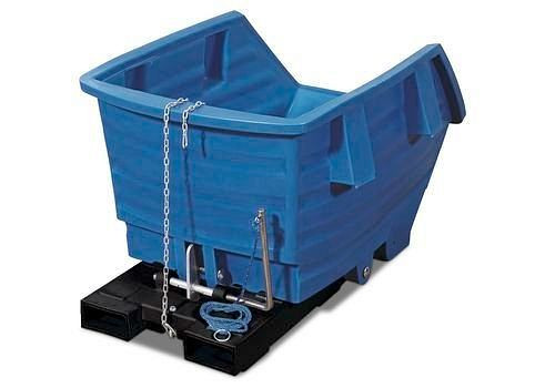 DENIOS Kippwagen aus Polyethylen (PE), mit Gabeltaschen, 300 Liter Volumen, blau, 148377