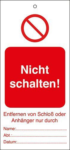 DENIOS Anhänger für Warnhinweis "Nicht schalten", 10ner Satz, inkl. Kabelbinder, 209703