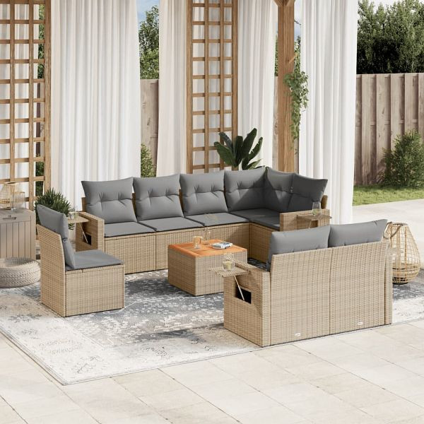 vidaXL 9-teilig Garten-Sofagarnitur mit Kissen Beige Poly Rattan, 3224659