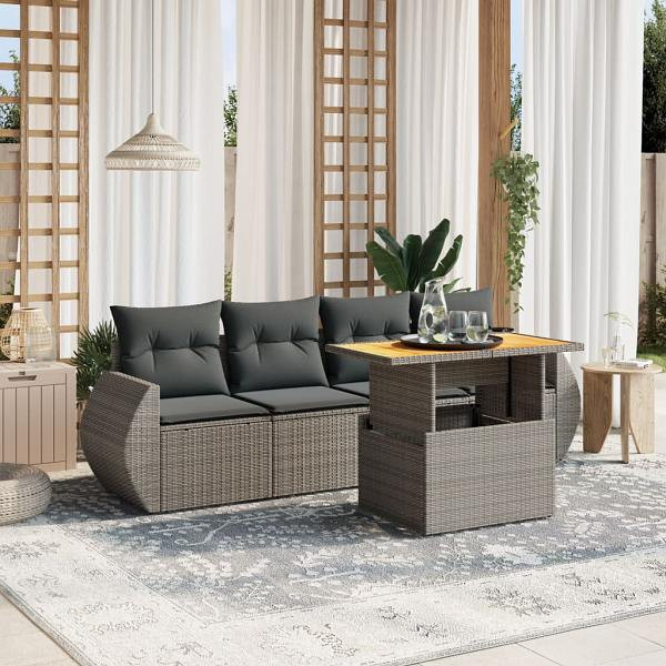 vidaXL 5-tlg. Garten-Sofagarnitur mit Kissen Grau Poly Rattan, UV-beständig, 3272075