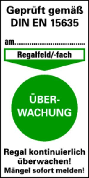 Schilder Klar Prüfetikett für Regalkennzeichnung Geprüft, Regal kontinuierlich überwachen! + grüner Punkt, 40x80 mm Folie selbstklebend, VE: 40 Stück, 6/63
