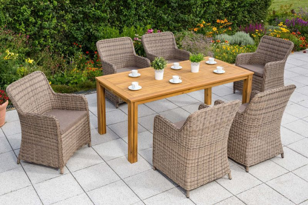 Merxx Riviera Set 13-teilig, 6 Riviera Sessel inkl. Sitzkissen, 1 Tisch 185 x 90 cm, Akazienholz, naturgrau, 50480-253