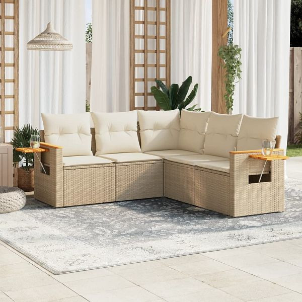 vidaXL 5-teilig Garten-Sofagarnitur mit Kissen Beige Poly Rattan, 3259202