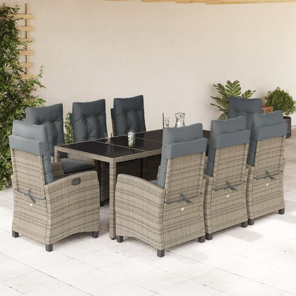 vidaXL 9-teilig Garten-Essgruppe mit Kissen Grau Poly Rattan, 3212652