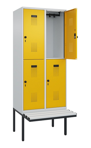 C+P Doppelstock-Spind Evolo PLUS, Bank, 4 Fächer, 2120x800x815mm, 7035/1004, Drehriegel, Sitzfläche Kunststoff, 0493407-22 S10081