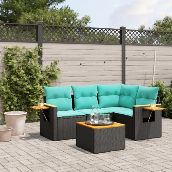 vidaXL 5-teilig Garten-Sofagarnitur mit Kissen Schwarz Poly Rattan, 3226778