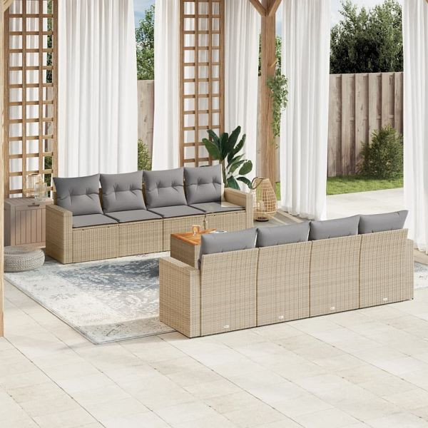 vidaXL 9-teilig Garten-Sofagarnitur mit Kissen Beige Poly Rattan, 3224043