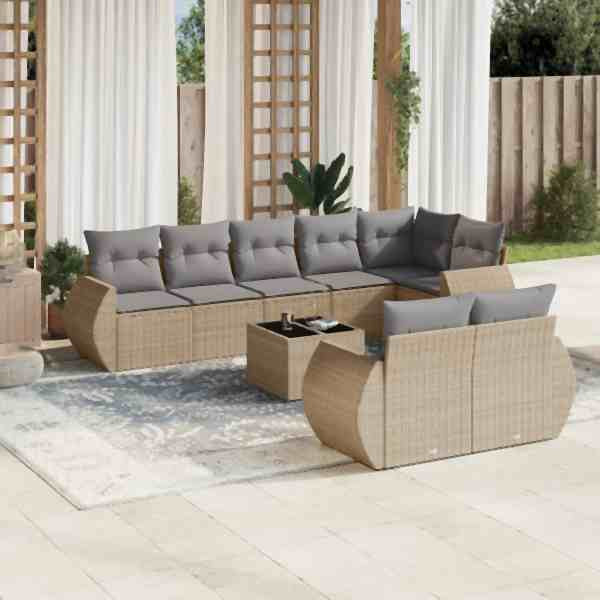 vidaXL 9-tlg. Garten-Sofagarnitur mit Kissen Beige Poly Rattan, UV-beständig, 3221628