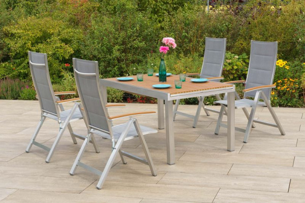 Merxx San Remo Set 5-teilig, 4 San Remo Klappsessel, pulverbeschichtetes Aluminium in gebürsteter Optik, 1 Ausziehtisch 150 (200) x 90 cm, 51123-309