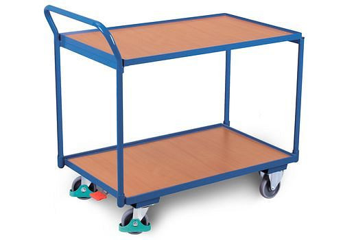 DENIOS Tischwagen DENIOS classic-line, 2 Böden mit Rand, 985 x 590 mm, Griff gebogen, 258175