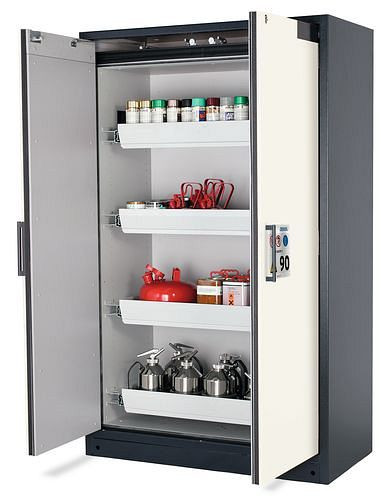 asecos Feuerbeständiger Gefahrstoffschrank Select W-124, 4 Auszugswannen, Türen weiß, 201025