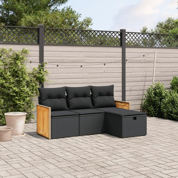 vidaXL 4-teilig Garten-Sofagarnitur mit Kissen Schwarz Poly Rattan, 3265703