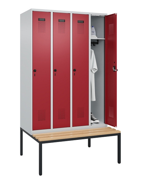 C+P Spind Evolo PLUS, 4 Abteile, 2120x1200x815mm, 7035/3003, Haken 3, Drehriegel, Sitzfläche Buche-Hartholz, Sitzbank, 0490507-40 S10004