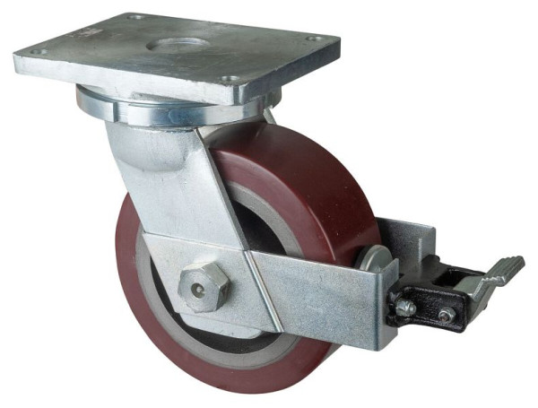 BS Rollen Schwerlastrolle mit Rad-/Feststeller, Breite 100 mm, Ø250 mm, bis 2200 kg, Guss-Polyurethan 95 Shore A, Körper Guss, Kugellager, RR120.C10.253