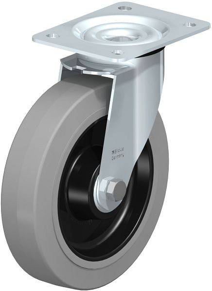 Blickle LE-POEV 200K-SG Stahlblech-Lenkrolle mit Anschraubplatte, Elastik-Vollgummi, Grau, 634311