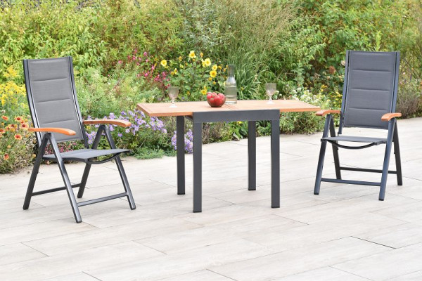 Merxx Paxos Set 3-teilig, 2 Klappsessel, gepolstert, graphit/grau, 1 Balkonausziehtisch 65 (130) x 65 cm, Tischplatte aus Akazienholz, 50998-307