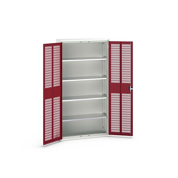 bott verso Flügeltürschrank mit Belüftung, mit 4 Fachböden, BxTxH: 1050 x 350 x 2000 mm, Lichtgrau / Purpurrot, 16926753.24