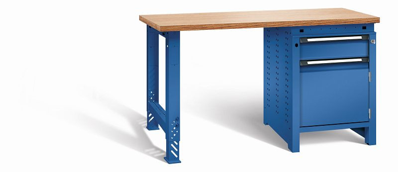 Otto Kind Werkbank function Typ 204, überstehende Multiplex-Arbeitsplatte, 1 Fußgestell, 1 Unterbau, komplett RAL 5010, 072190013