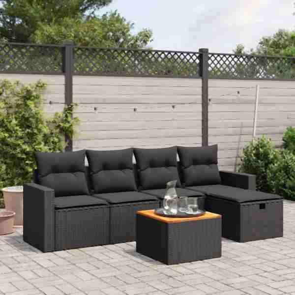 vidaXL 6-tlg. Garten-Sofagarnitur mit Kissen Schwarz Poly Rattan, UV-beständig, 3264828