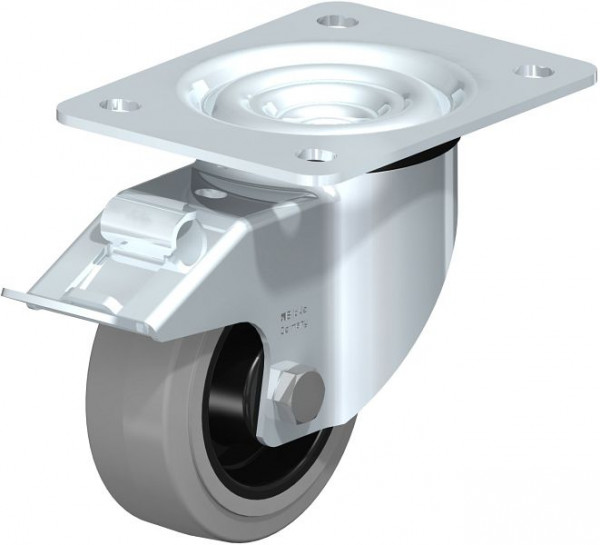 Blickle LK-POEV 100XR-3-FI-SG Stahlblech-Lenkrolle, schwere Ausführung, mit Anschraubplatte & Feststeller, Elastik-Vollgummi, Grau, 850982