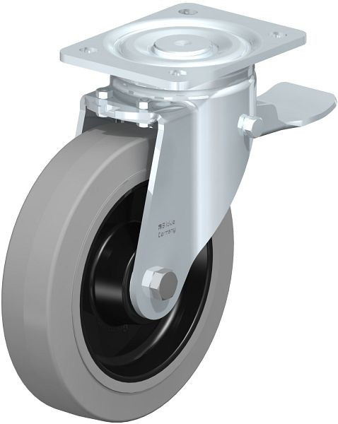 Blickle LH-POEV 200XKA-ST-SG Stahlblech-Lenkrolle, Schwerlast-Ausführung, mit Anschraubplatte & Feststeller, Elastik-Vollgummi, Grau, 851910