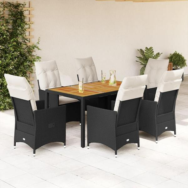vidaXL 7-tlg. Garten-Essgruppe mit Kissen Schwarz Poly Rattan, UV-beständig, 3276684