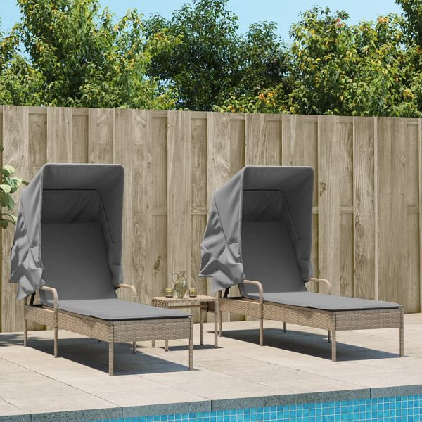 vidaXL Sonnenliegen 2 Stück mit Dach und Tisch Beige Poly Rattan, 3261572